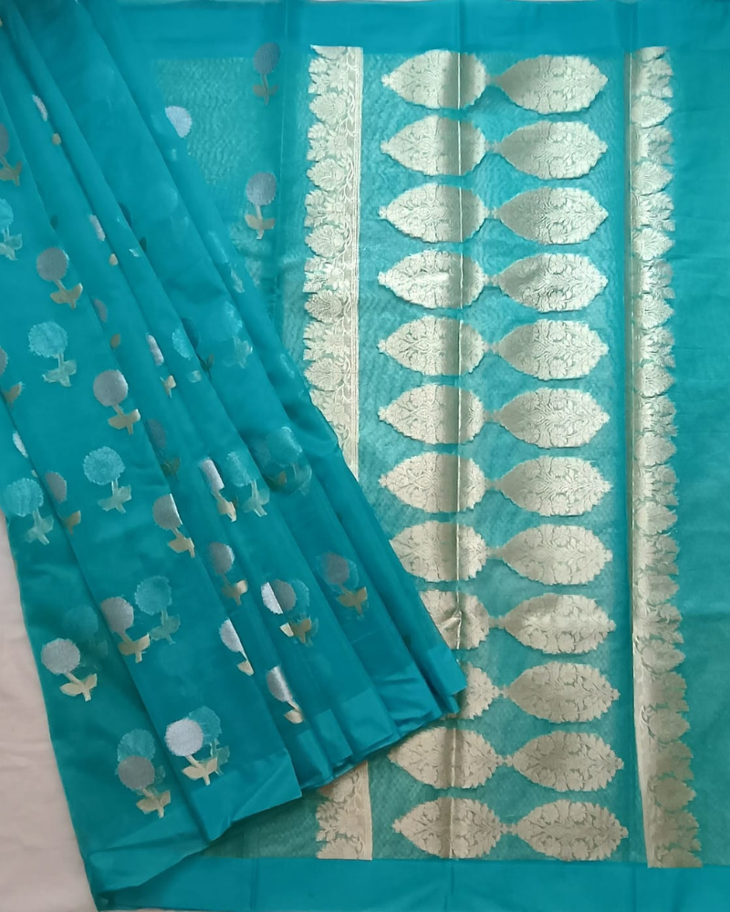 Pastel Blue Banarasi Semi Kora Organza Saree