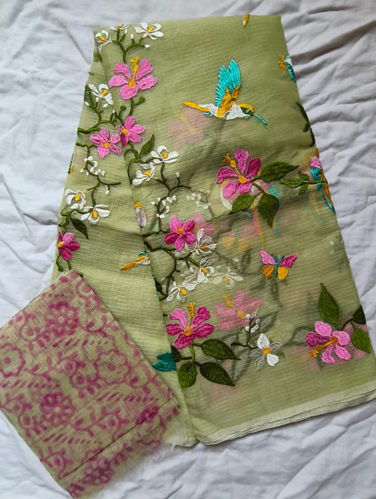 Pastel Green Embroidered Kota Saree