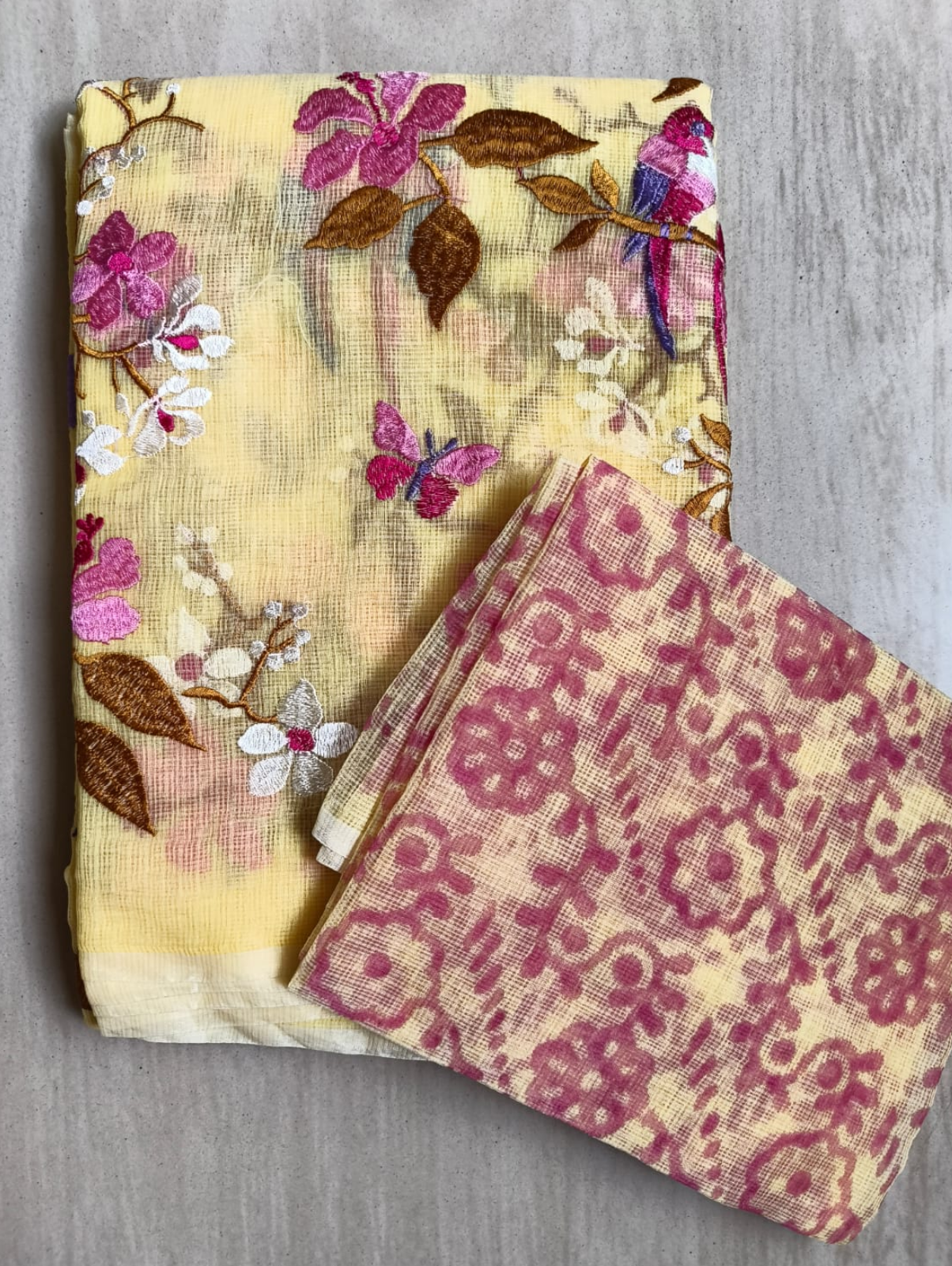 Pastel yellow Embroidered Kota Saree