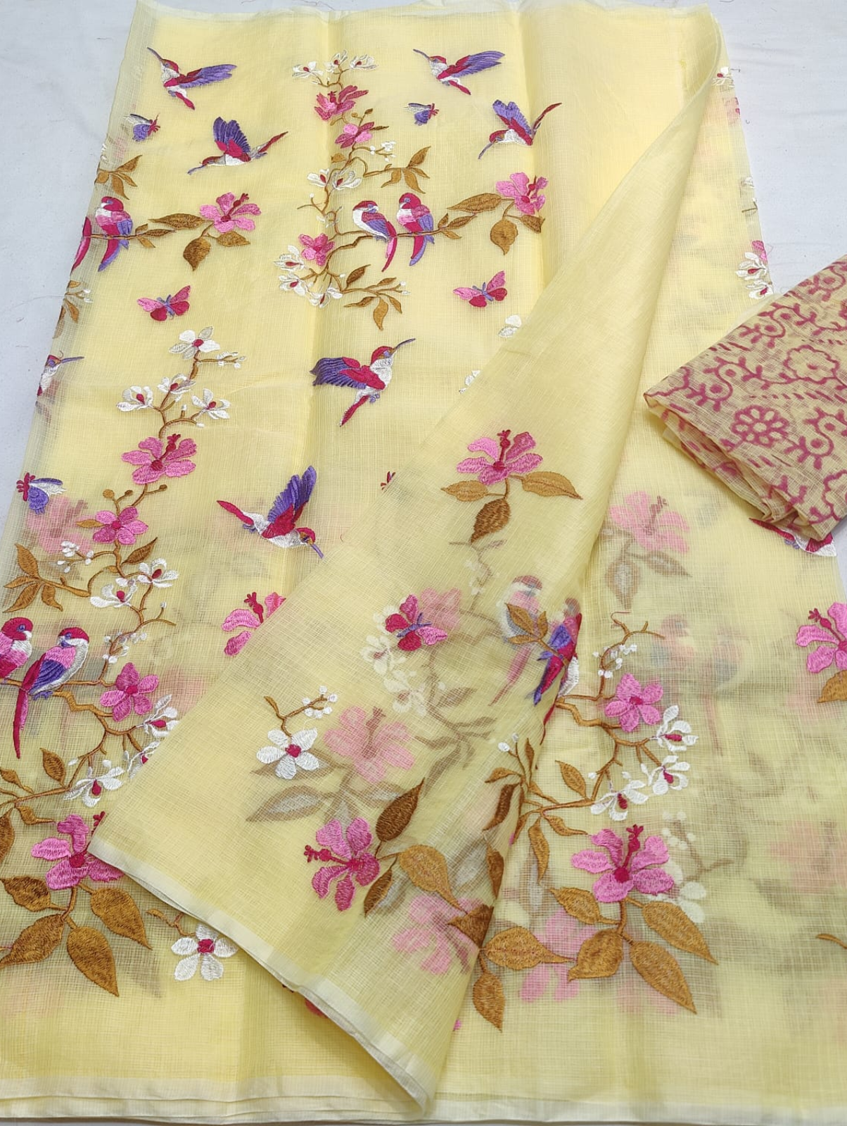 Pastel yellow Embroidered Kota Saree