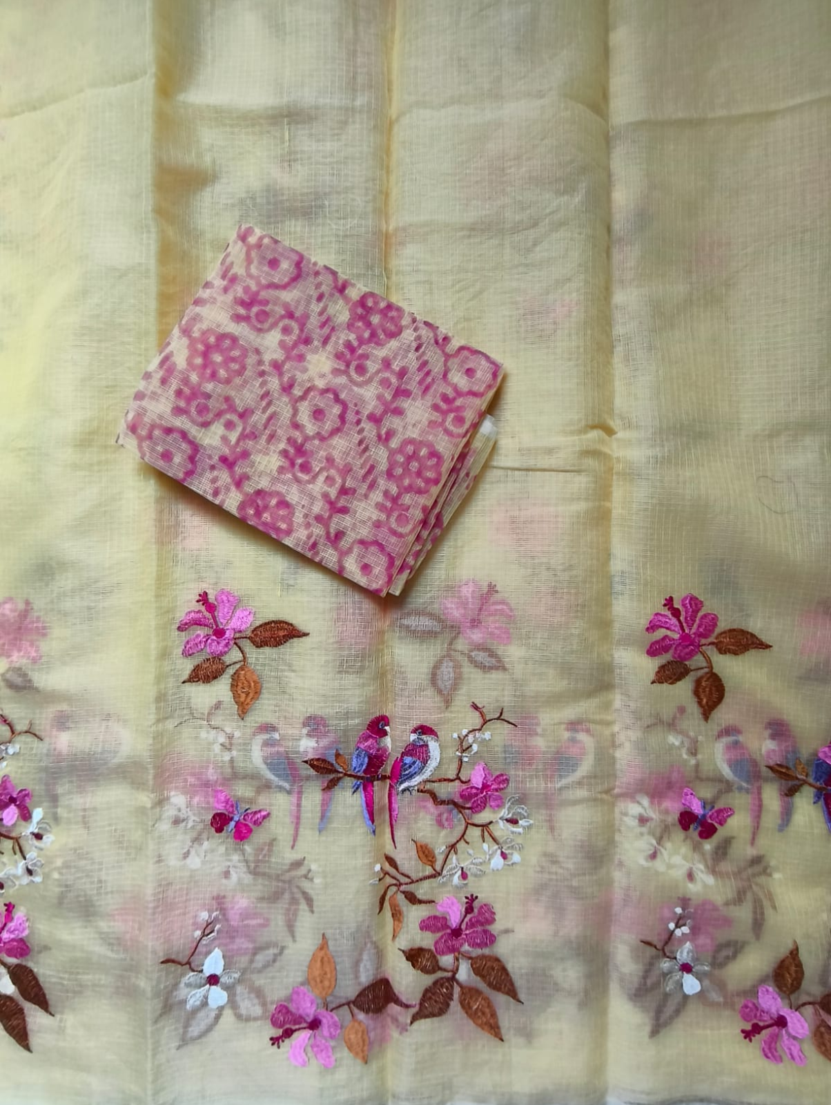 Pastel yellow Embroidered Kota Saree