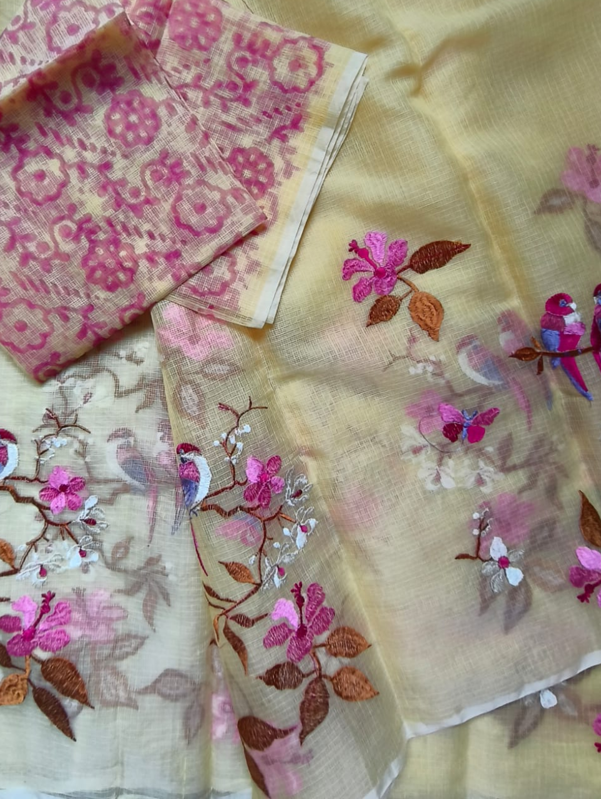 Pastel yellow Embroidered Kota Saree