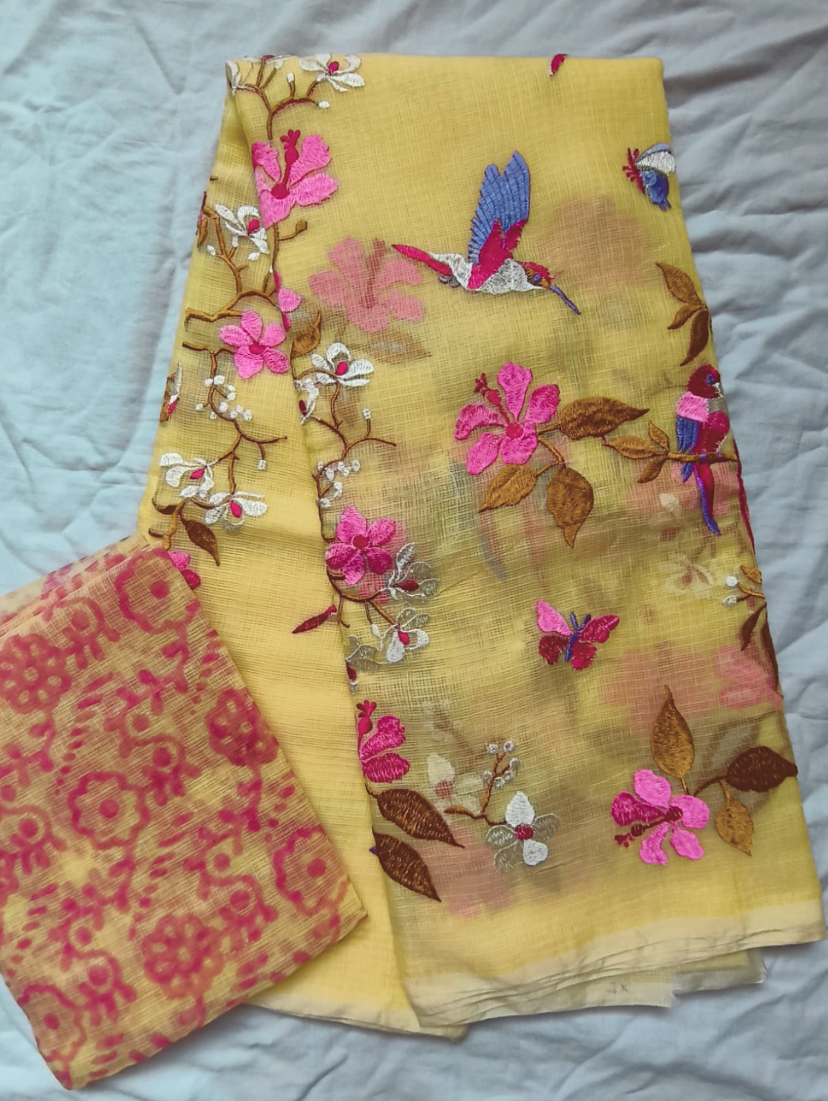 Pastel yellow Embroidered Kota Saree