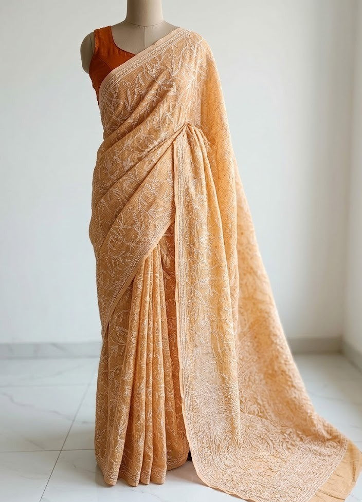 Pastle Orange Chikankari Kota Cotton