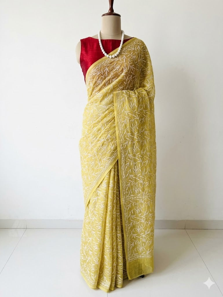 Pastel Yellow Chikankri Kota Cotton