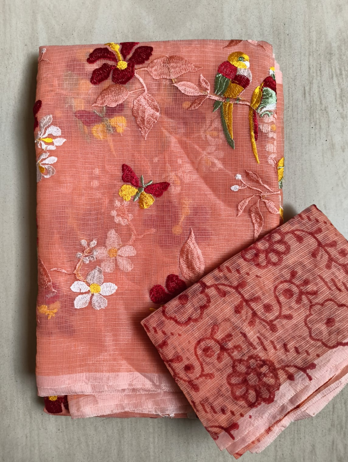 Peach Embroidered Kota Saree
