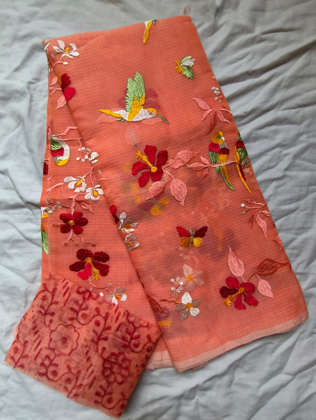 Peach Embroidered Kota Saree