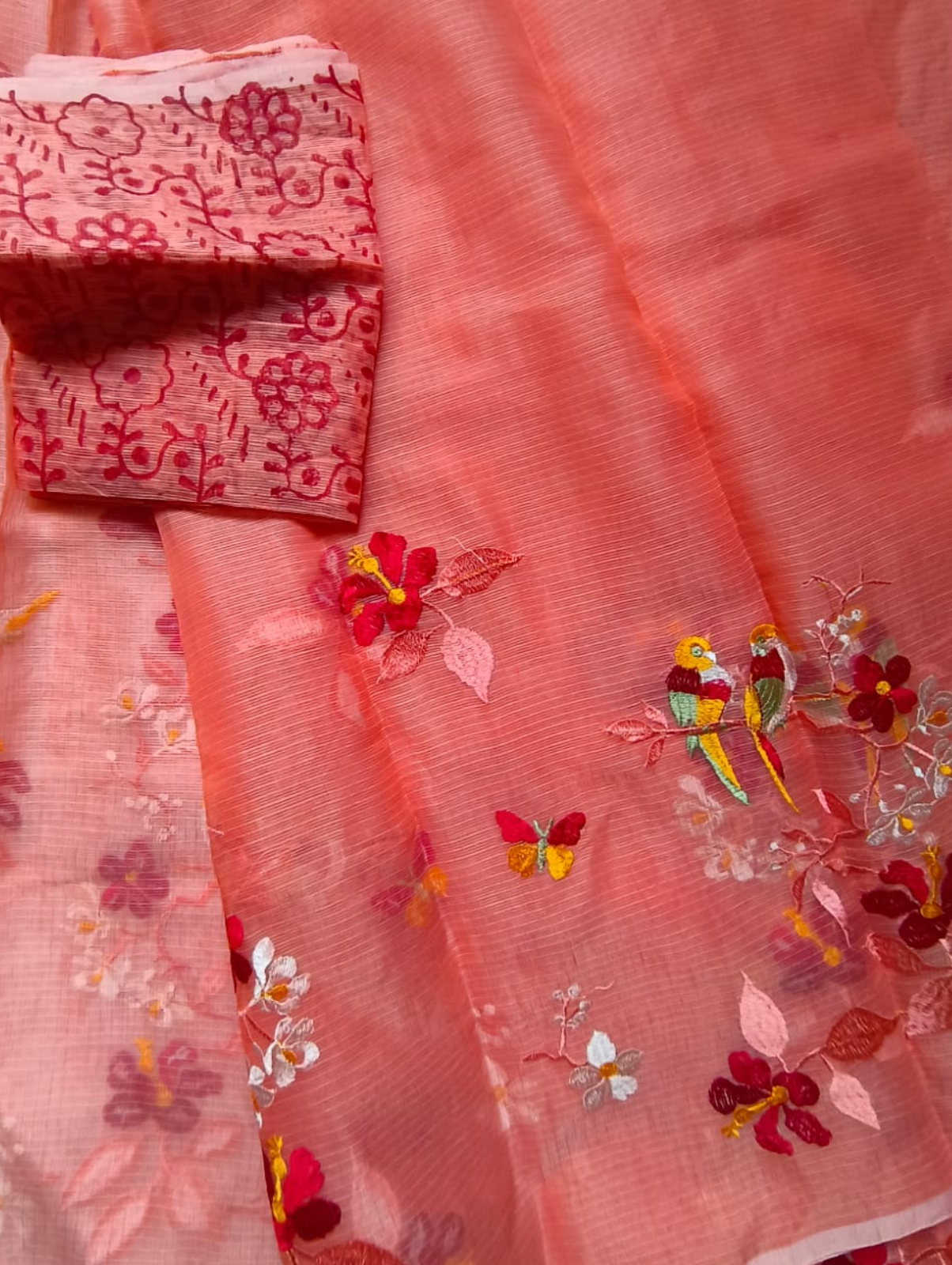 Peach Embroidered Kota Saree