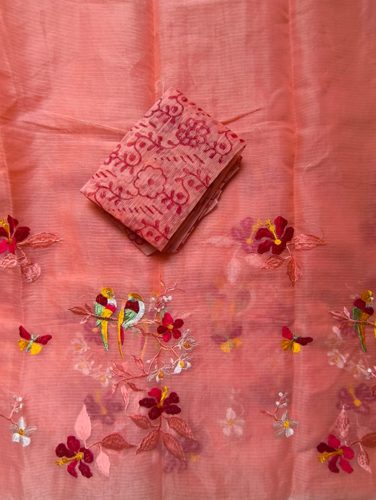 Peach Embroidered Kota Saree