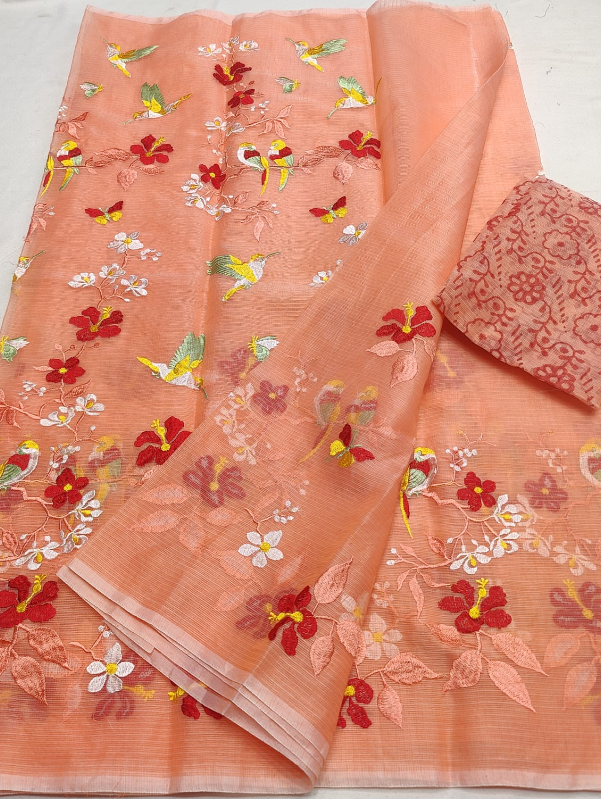 Peach Embroidered Kota Saree