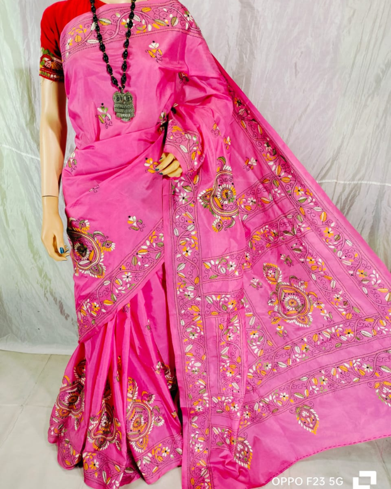 Pink Kantha work saree