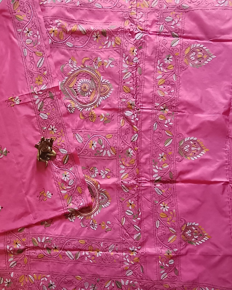 Pink Kantha work saree