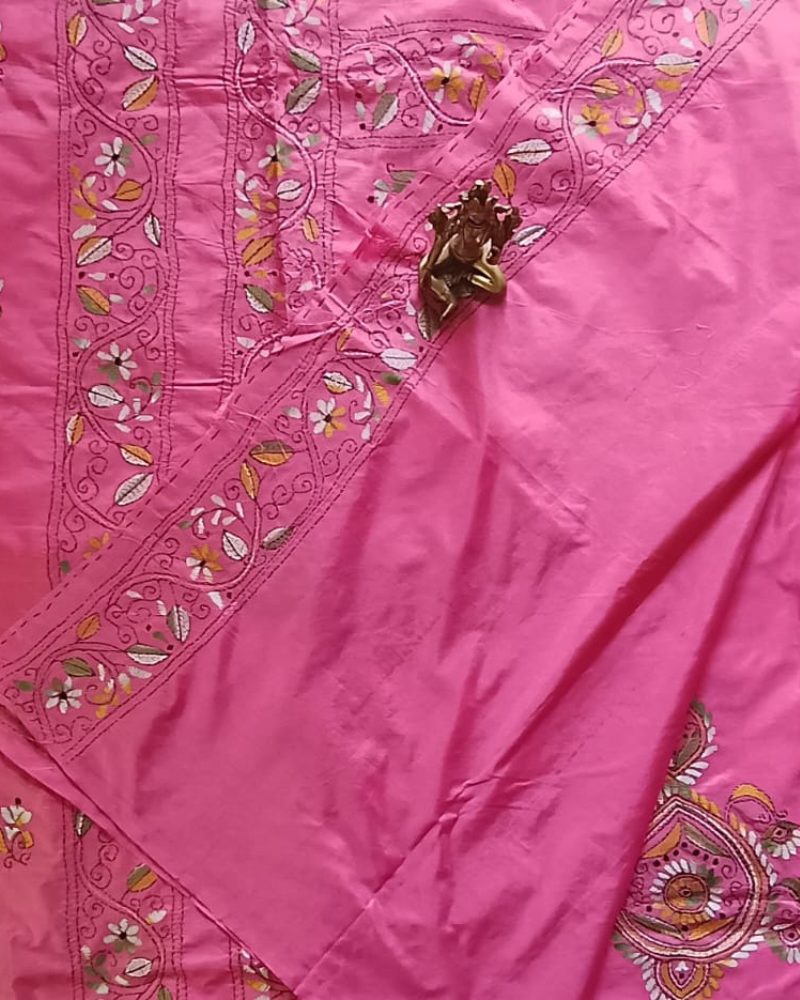 Pink Kantha work saree