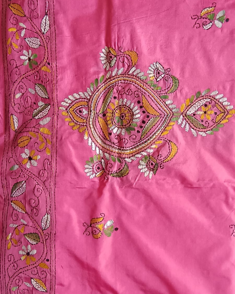 Pink Kantha work saree