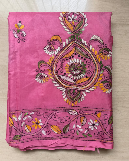 Pink Kantha work saree