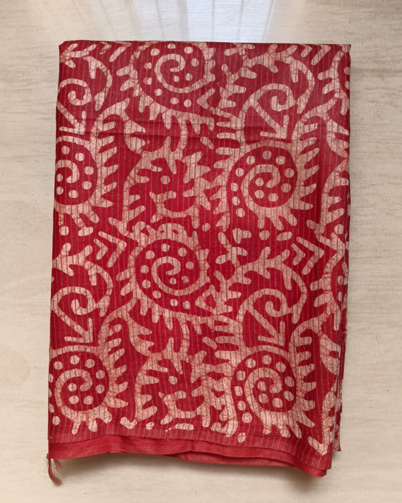Red Geecha silk - Batik Screen Print (handmade) saree