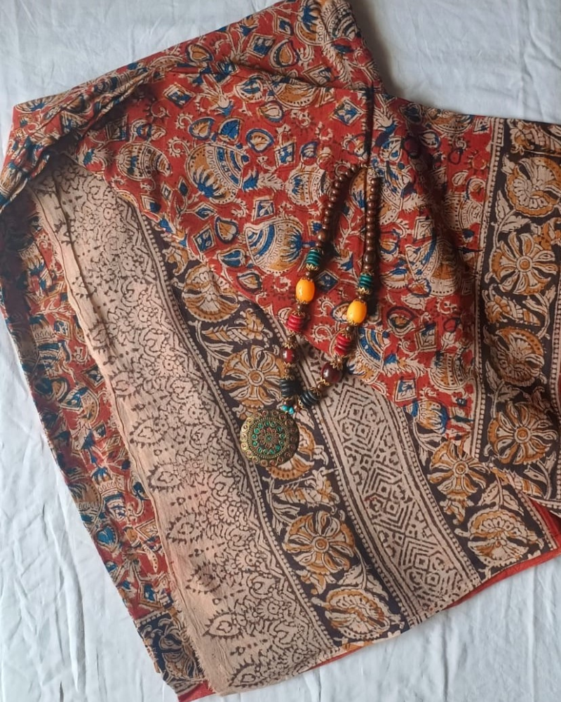 Red Kalamkari Mul Cotton Saree