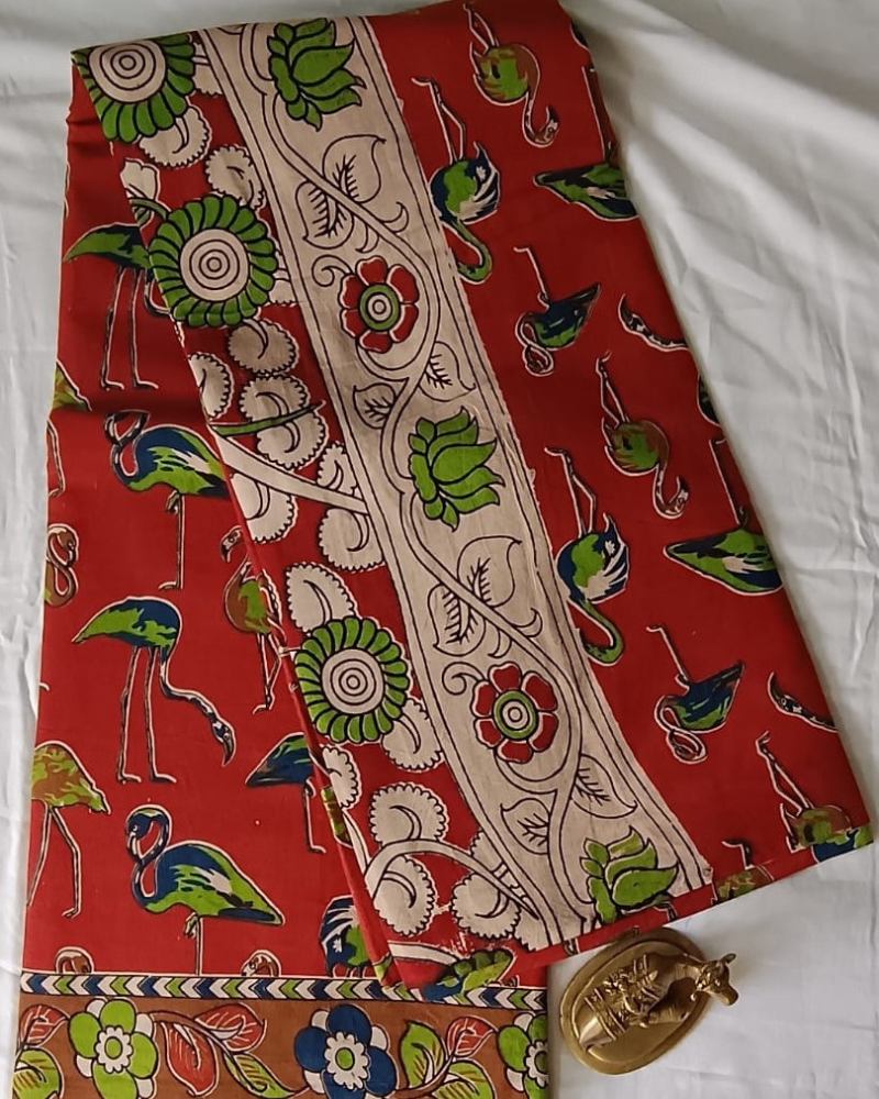 Red Mangalgiri  Cotton Block Print Saree