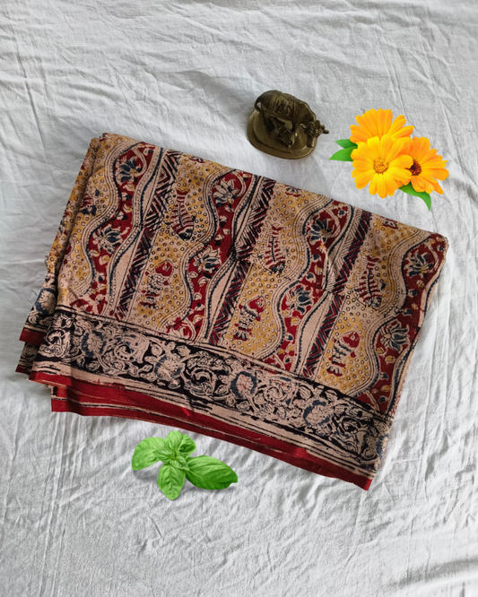 Beige & Black Mangalgiri cotton Kalamkari Saree