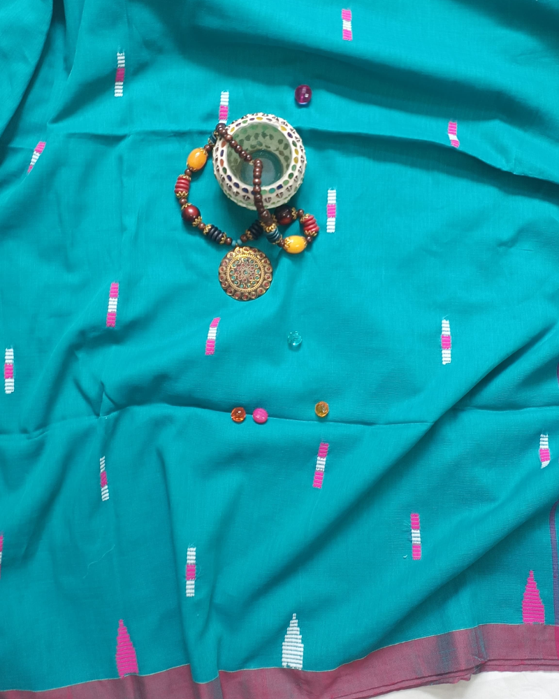 Handloom Teal Mul Cotton Saree
