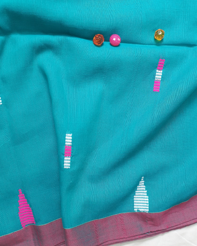 Handloom Teal Mul Cotton Saree