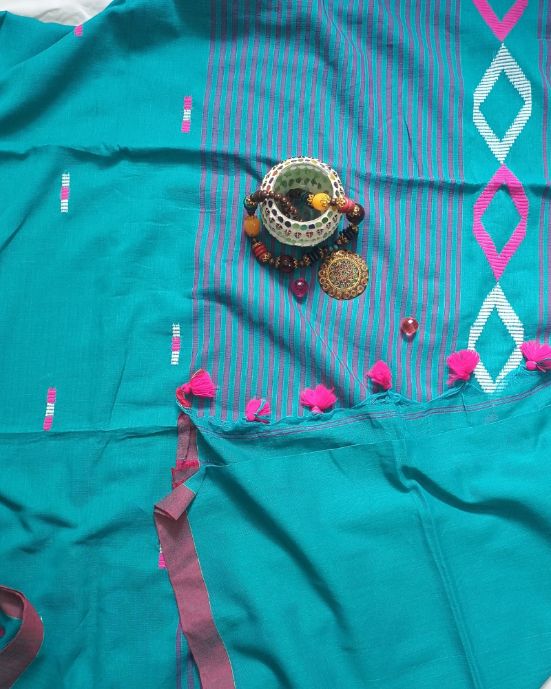 Handloom Teal Mul Cotton Saree