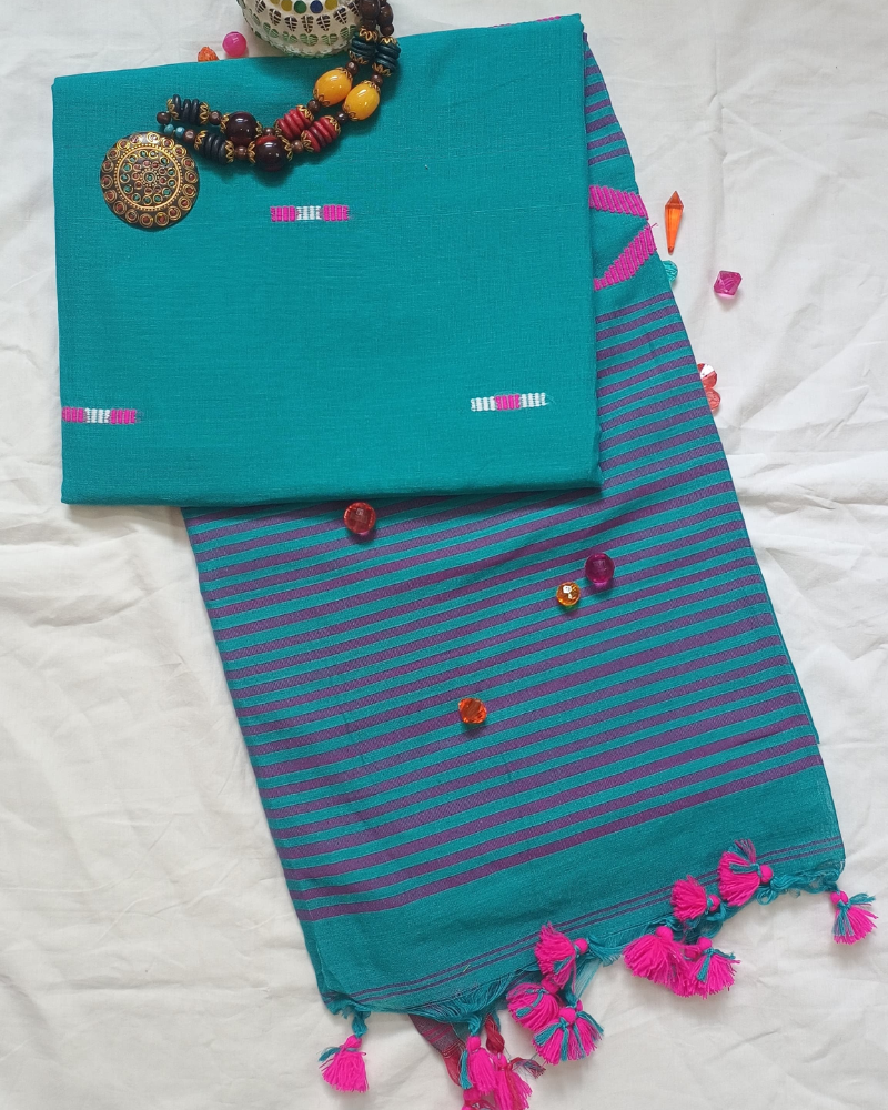 Handloom Teal Mul Cotton Saree