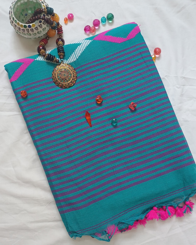 Handloom Teal Mul Cotton Saree