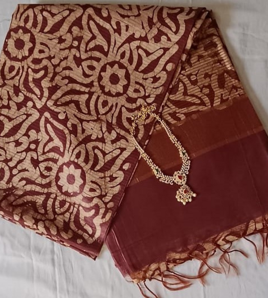 Wine Red Geecha silk - Batik Screen Print (handmade) saree