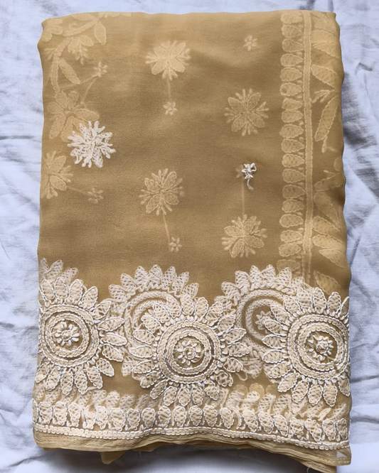 Beige Georgette Chikankari saree