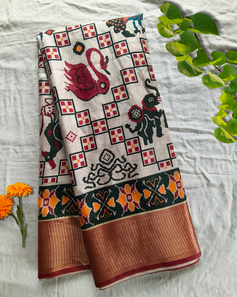 White Patola Pattern Art Silk Saree