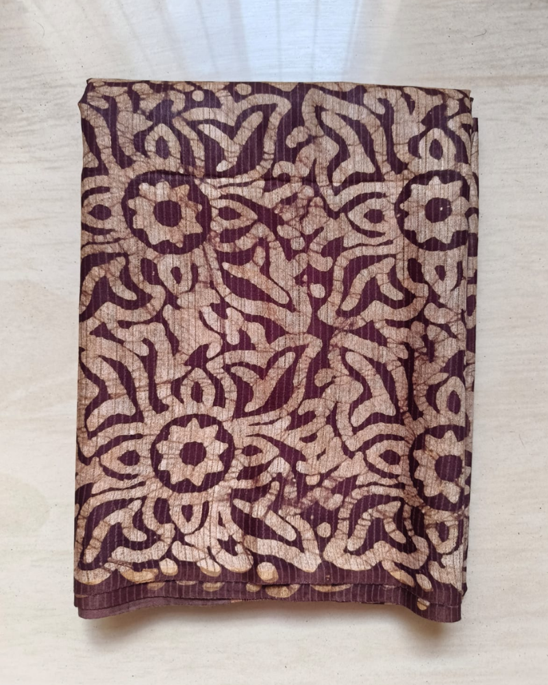 Wine Red Geecha silk - Batik Screen Print (handmade) saree