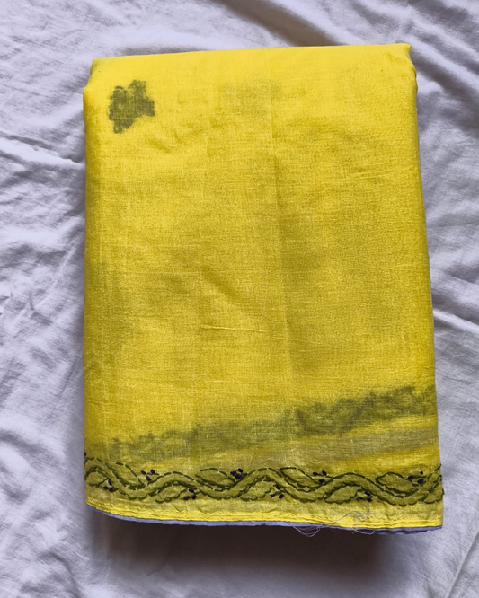 Yellow Mul Cotton saree with Lavender aplique and Chikankari