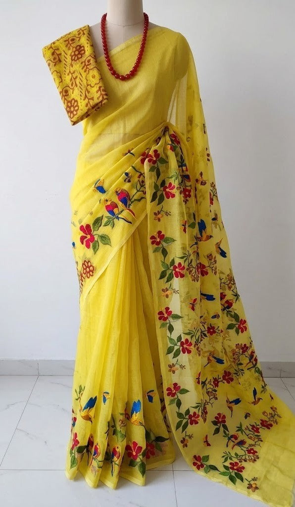 Yellow Embroidered Kota Saree