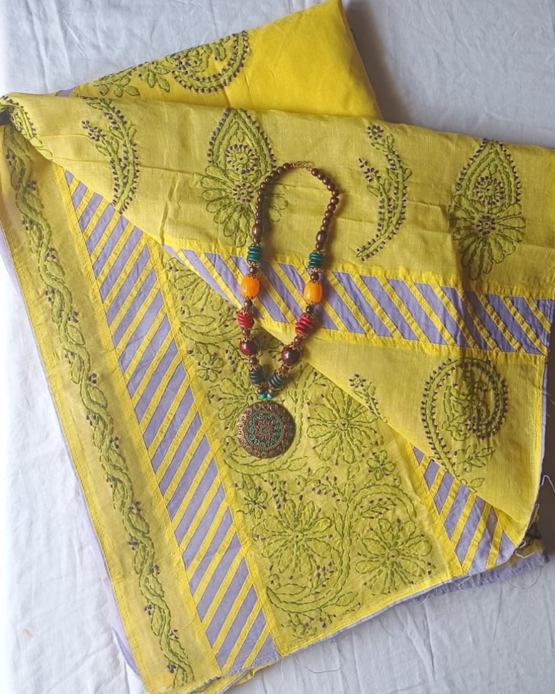 Yellow Cotton saree with Lavender aplique and Chikankari