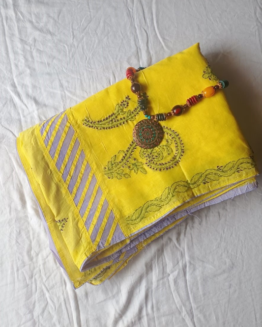 Yellow Cotton saree with Lavender aplique and Chikankari