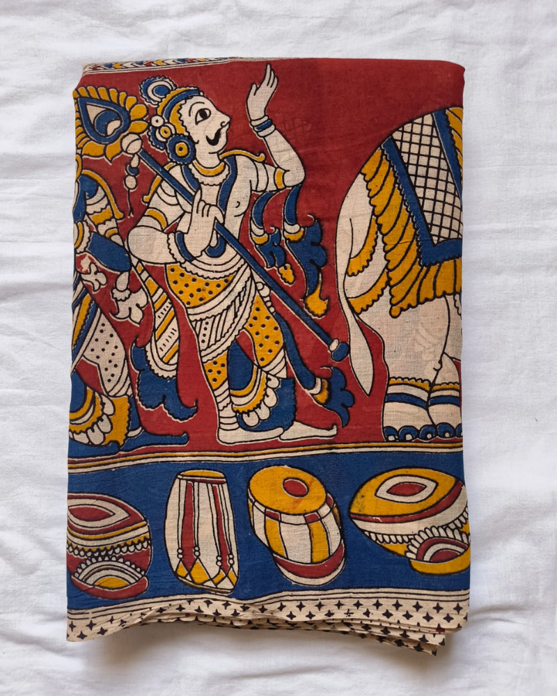 Beige & Red Mangalgiri cotton Kalamkari Saree