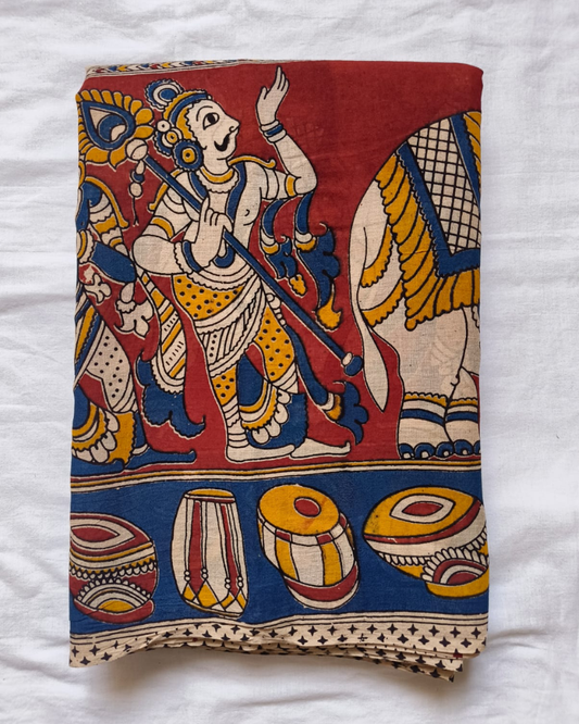 Beige & Red Mangalgiri cotton Kalamkari Saree