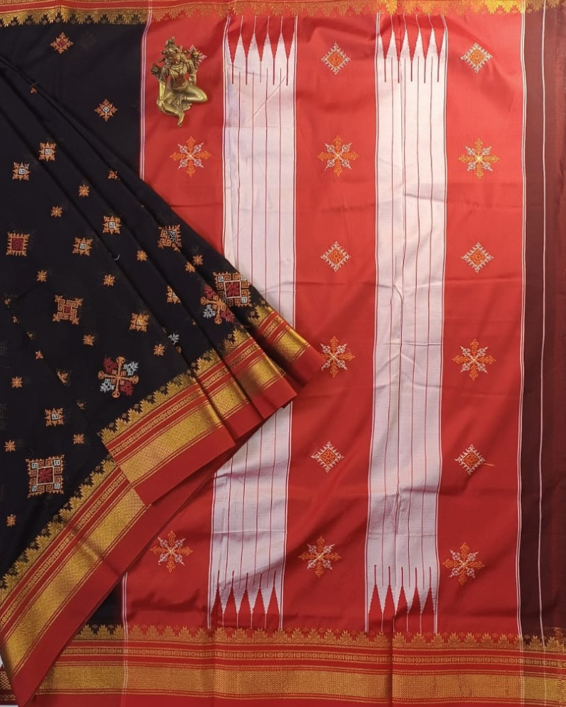 Black & Red Sico Ilkal Kasuti work saree