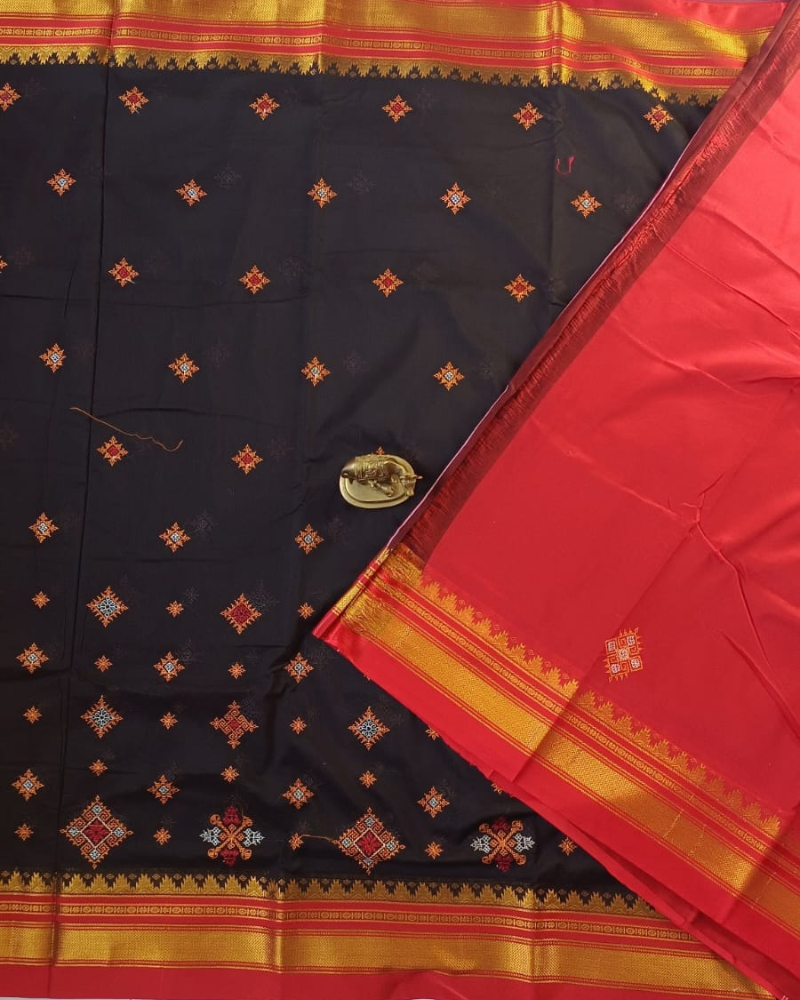 Black & Red Sico Ilkal Kasuti work saree
