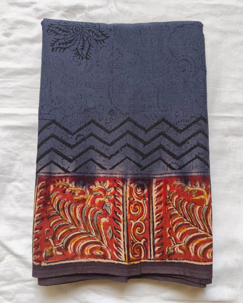 Grey Mul Cotton Saree with Kalamkari Border