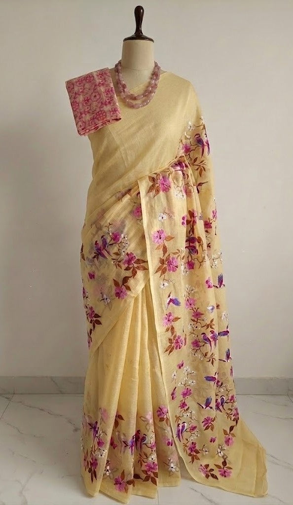 Pastel yellow Embroidered Kota Saree