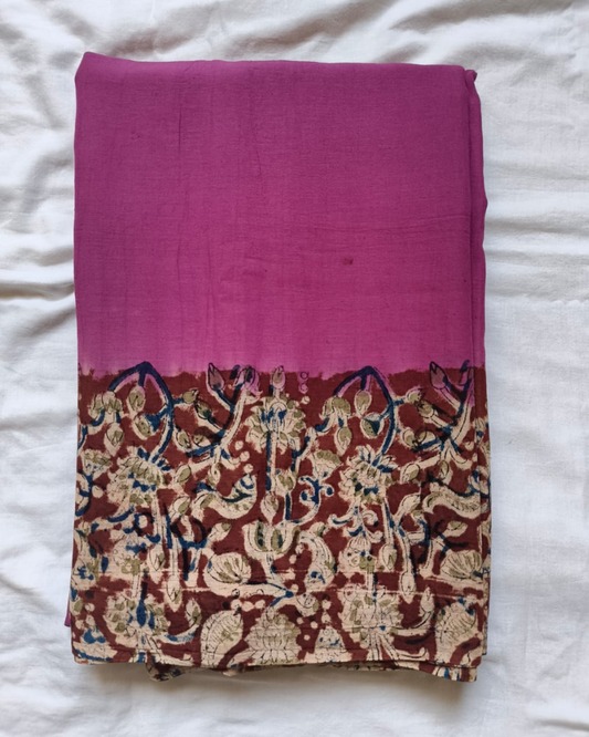 Magenta Mul Cotton Saree with Kalamkari Border