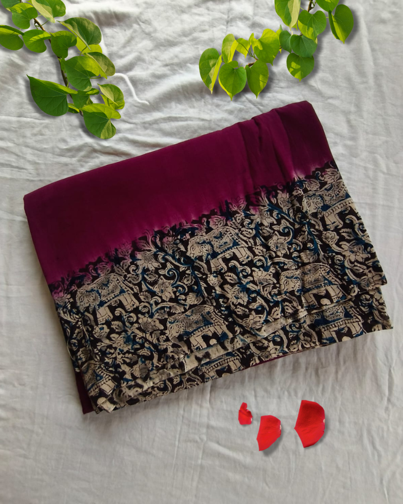Maroon Mul Cotton Saree with Kalamkari Border