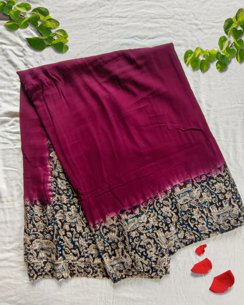 Maroon Mul Cotton Saree with Kalamkari Border